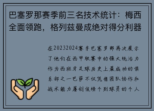 巴塞罗那赛季前三名技术统计：梅西全面领跑，格列兹曼成绝对得分利器